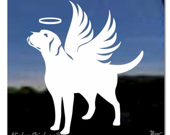 Calcomanía conmemorativa personalizada de Labrador Retriever / Elige tamaño, color y añade texto / Vinilo premium con forma de ángel Labrador Retriever para ventana