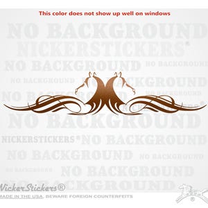 Puede incluir: Una silueta marr&oacute;n de dos cabezas de caballo con dise&ntilde;os florales estilizados. La imagen incluye el texto "Nicker Stickers&reg; NO BACKGROUND" repetido varias veces.