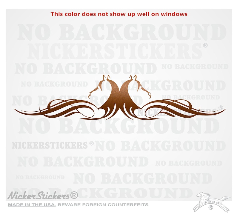 Puede incluir: Una silueta marr&oacute;n de dos cabezas de caballo con dise&ntilde;os florales estilizados. La imagen incluye el texto "Nicker Stickers&reg; NO BACKGROUND" repetido varias veces.