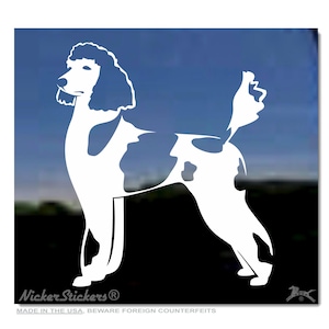 May include: White vinyl sticker of a poodle dog with black and white markings. The dog is in profile against a blue and black background. The text "Nicker Stickers" is at the bottom.