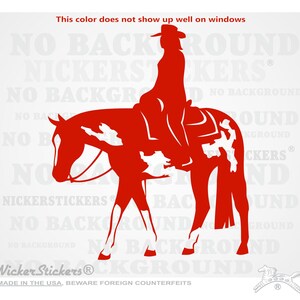 May include: Red silhouette of a horse and rider, the horse has white markings, the rider is wearing a hat and riding a western saddle. The image is on a white background with the text "Nicker Stickers" repeated multiple times.
