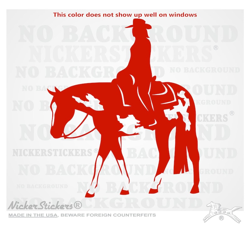 May include: Red silhouette of a horse and rider, the horse has white markings, the rider is wearing a hat and riding a western saddle. The image is on a white background with the text "Nicker Stickers" repeated multiple times.