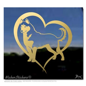 Custom Siberian Husky Heart Decal | Add Text, Choose Size & Color | Quality Adhesive Vinyl Window Decal Sticker Gold