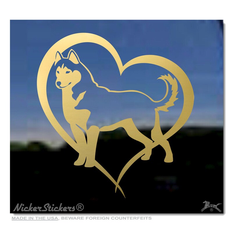 Custom Siberian Husky Heart Decal | Add Text, Choose Size & Color | Quality Adhesive Vinyl Window Decal Sticker Gold