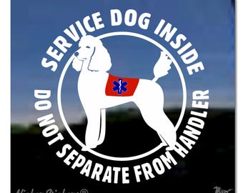 May include: White service dog decal with a red and blue medical symbol on its vest. The decal reads "Service Dog Inside Do Not Separate From Handler".