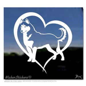 Custom Siberian Husky Heart Decal | Add Text, Choose Size & Color | Quality Adhesive Vinyl Window Decal Sticker White
