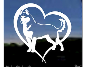 Siberian Husky Herz Aufkleber |  Text hinzufügen, Größe und Farbe wählen | Hochwertiger selbstklebender Fensteraufkleber