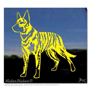 May include: Yellow silhouette of a dog breed, the Australian Kelpie, standing on a blue background. The silhouette is stylized with a jagged, lightning-like pattern. The text "Nicker Stickers" is at the bottom of the image.