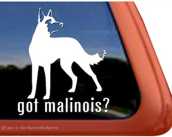 Peut inclure: Silhouette blanche d'un chien Malinois belge avec le texte "got malinois?" en dessous. L'image est sur un fond noir avec une bordure rouge.