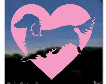 Custom Dachshund Love Heart Decal | Add Text, Choose Size & Color | High Quality Adhesive Longhaired Dachshund Dog Vinyl Window Sticker