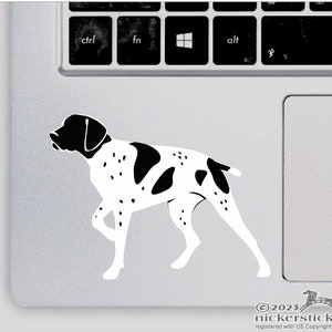 May include: Black and white silhouette of a German Shorthaired Pointer dog walking. The dog is facing the right side of the image.