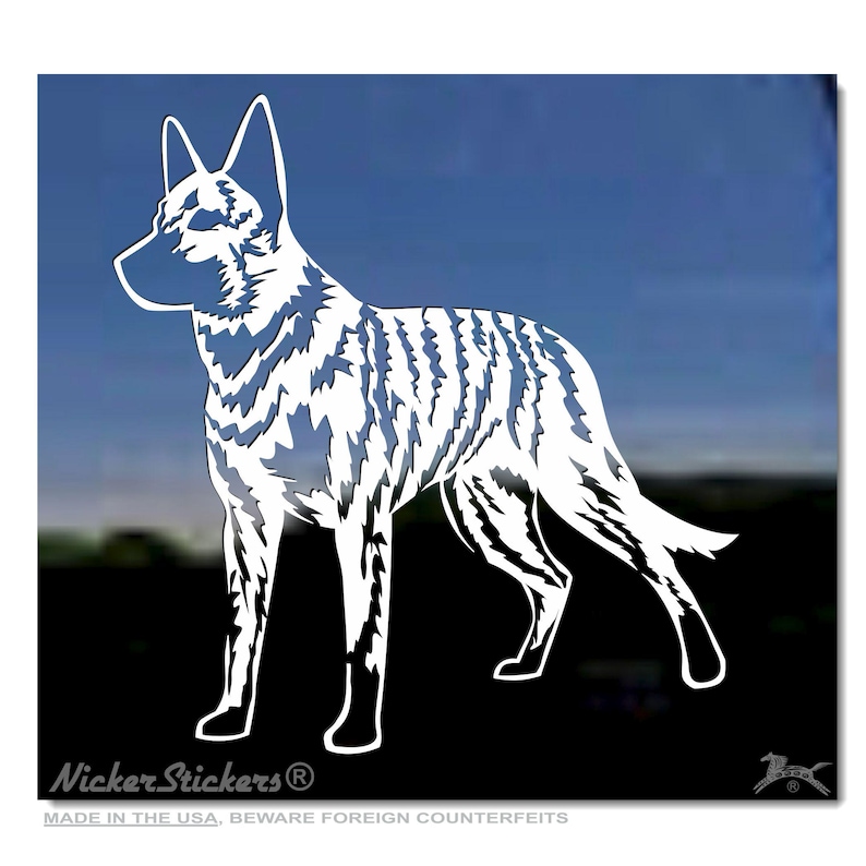 May include: White silhouette of a dog breed with a striped pattern. The dog is standing with its head turned to the left. The image is on a blue background.