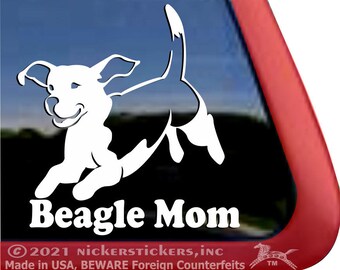 Beagle Mom | DC905MOM | NickerStickers® Quality Adhesive Vinyl Jumping Beagle Window Decal Sticker