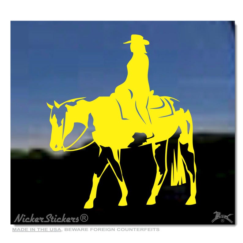 May include: Yellow silhouette of a person riding a horse. The image is a decal sticker. The text "Nicker Stickers" is at the bottom of the image.