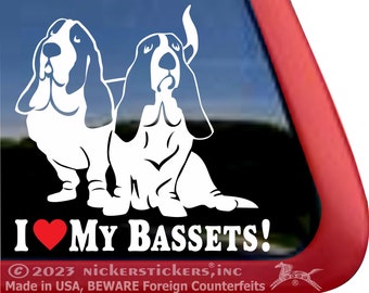 Ik houd van mijn Bassets! | Hoge kwaliteit zelfklevende vinyl Basset Hound Dog raamsticker