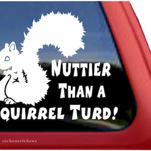 Pode incluir: Adesivo de vinil branco de um esquilo com o texto "Nuttier than a Squirrel Turd!"