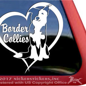 Könnte beinhalten: Weiße Silhouette eines Border Collie Hundes in einem Herzen mit dem Text "Border Collies" in einem weißen Herzen.