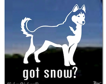 May include: White silhouette of a husky dog with the text "got snow?"  below. The image is on a blue background with the text "Nicker Stickers" and "Made in the USA. Beware foreign counterfeits" at the bottom.