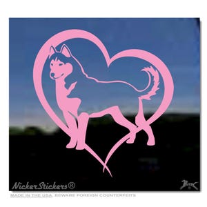Custom Siberian Husky Heart Decal | Add Text, Choose Size & Color | Quality Adhesive Vinyl Window Decal Sticker Pink