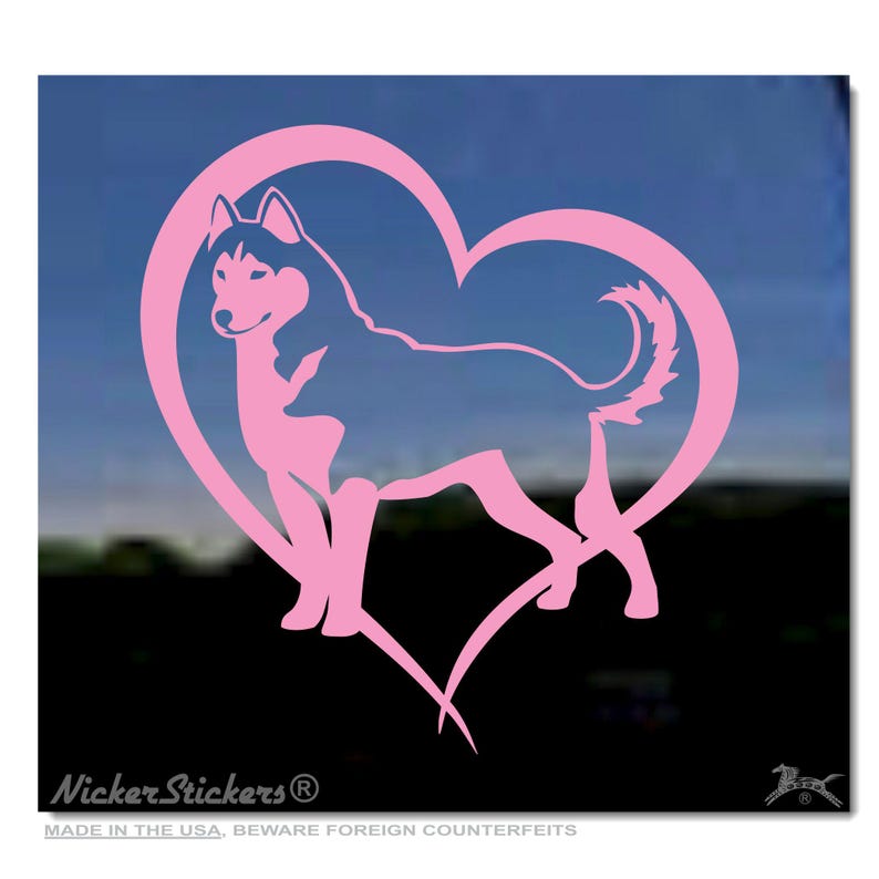 Custom Siberian Husky Heart Decal | Add Text, Choose Size & Color | Quality Adhesive Vinyl Window Decal Sticker Pink