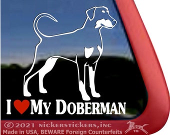 I Love My Doberman | DC408HEA | High Quality Adhesive Vinyl Long Tail Doberman Pinscher Window Decal Sticker