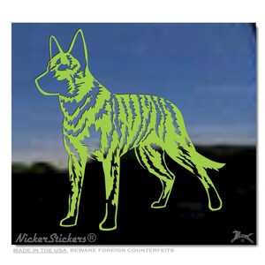 May include: A green silhouette of a dog standing on a black background. The dog is a breed known as a  "Carolina Dog" and is a rare breed native to the southeastern United States. The silhouette is stylized with a jagged, lightning-like pattern.