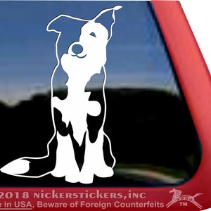 Op de afbeelding: Witte silhouet van een Border Collie hond die zit met zijn oren omhoog. De hond kijkt naar voren en heeft een zwart-witte vacht.