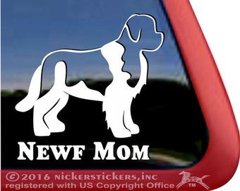 May include: White silhouette of a Newfoundland dog with the text "NEWF MOM" below. The image is on a black background with a red border.