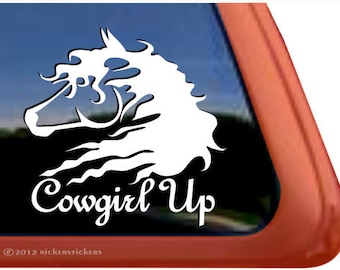 Cowgirl Up / DC472CGU / NickerStickers® Adesivo per finestra con cavallo in vinile di alta qualità