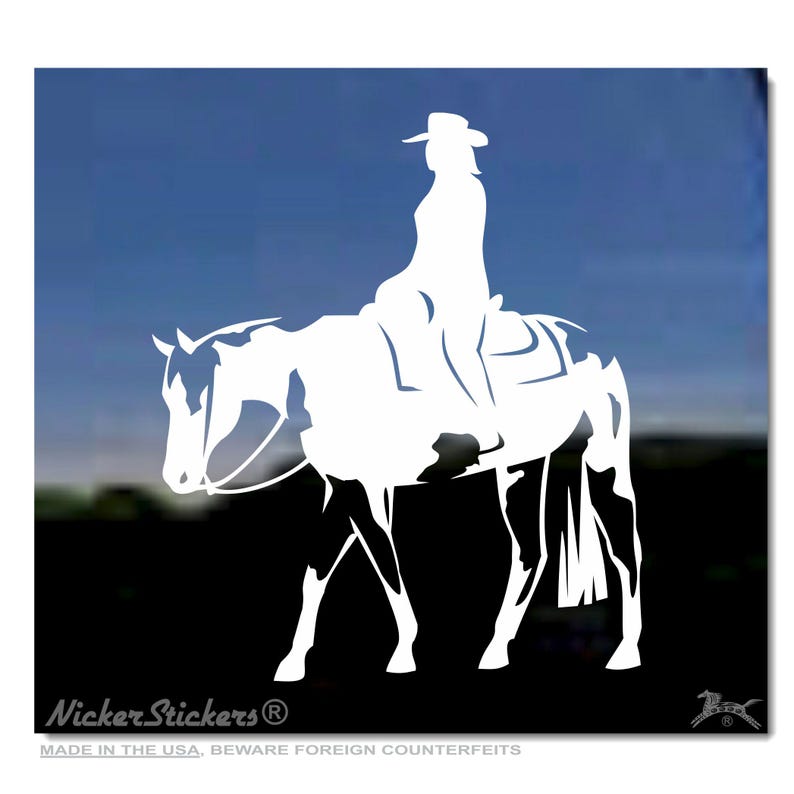 May include: White silhouette of a horse and rider, the rider is wearing a cowboy hat and the horse has a long tail. The image is on a blue background with the text "Nicker Stickers&reg; Made in the USA. Beware foreign counterfeits."