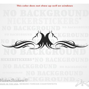 Puede incluir: Silueta en blanco y negro de dos caballos con llamas y remolinos estilizados. La imagen incluye el texto "Nicker Stickers" y "No Background".