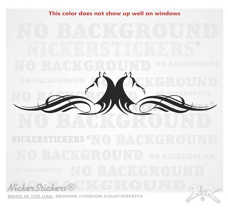 Puede incluir: Silueta en blanco y negro de dos caballos con llamas y remolinos estilizados. La imagen incluye el texto "Nicker Stickers" y "No Background".