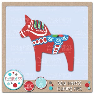 May include: Red, white and blue Dala horse cutting file design. The horse is a traditional Swedish folk art design. The design is available in SVG, DXF, JPG and PNG formats.