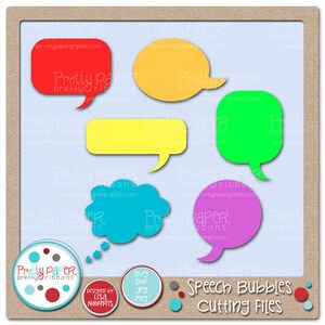 May include: Set of six colorful speech bubbles in various shapes, including a cloud, a rectangle, and a circle. The bubbles are on a light blue background with the text "Speech Bubbles Cutting Files" at the bottom.
