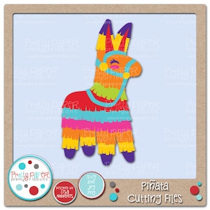 May include: A colorful piñata design with a donkey shape, featuring vibrant red, orange, yellow, green, blue, and purple hues. The image includes the text "Piñata Cutting Files" and the Pretty Paper logo.