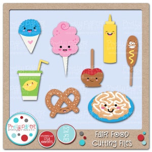 Pode incluir: Um conjunto de 10 arquivos de corte digital que apresentam vários itens de comida de feira, incluindo um pretzel, algodão doce, bolo de funil, cachorro-quente de milho, maçã caramelizada, limonada e um cone de neve. Cada item tem um rosto de desenho animado bonito e é projetado para artesanato e scrapbooking.