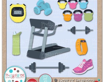 May include: A set of digital cut files for crafting featuring exercise equipment. The set includes a treadmill, dumbbells, kettlebells, a barbell, a fitness tracker, a water bottle, a stopwatch, and a pair of running shoes. The files are available in SVG, DXF, JPG, and PNG formats.