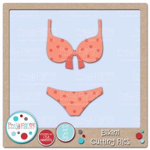 May include: A digital cut file design of a pink and white polka dot bikini. The design is for use with a cutting machine to create a physical craft project.