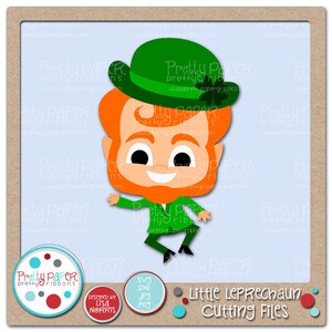 May include: A digital clipart image of a cartoon leprechaun wearing a green hat and green trousers. The leprechaun is smiling and has a red beard. The image is labelled "Little Leprechaun Cutting Files".