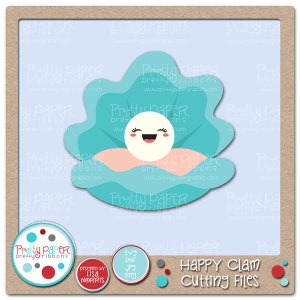 May include: A digital clipart image of a happy clam with a pearl inside. The clam is blue and the pearl is white with a smiling face. The image is on a light blue background with the text "Happy Clam Cutting Files" at the bottom.