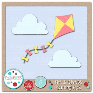 May include: A digital cut file design featuring a pink and yellow kite flying in a blue sky with two white clouds. The design includes the text "Kite & Clouds Cutting Files".