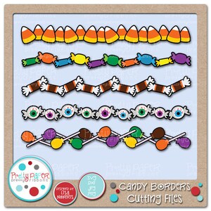May include: A set of digital cutting files for creating candy-themed borders. The files include designs of candy corn, wrapped candies, lollipops, and eye-shaped candies. The files are available in SVG, DXF, JPG, and PNG formats.
