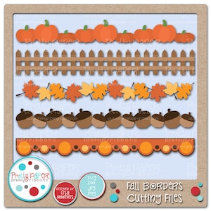 Peut inclure: Un ensemble d'images numériques de bordures d'automne pour l'artisanat et le scrapbooking. L'ensemble comprend une clôture, des glands, des feuilles, des citrouilles et une bordure festonnée avec des pois orange et bruns. Les images sont aux formats SVG, DXF, JPG et PNG.