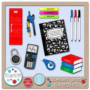 May include: A set of secondary school supplies cutting files, including a compass, calculator, notebook, highlighter, pens, lock, and a tape dispenser. The files are available in SVG, DXF, JPG, and PNG formats.