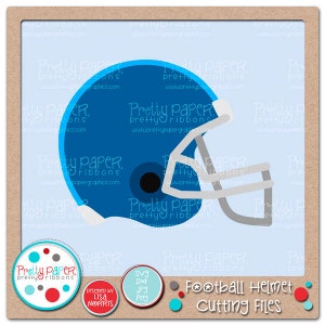 May include: A blue and gray football helmet cutting file. The helmet is on a light blue background. The file is available in SVG, DXF, JPG, and PNG formats. The text "Football Helmet Cutting Files" is at the bottom of the image.