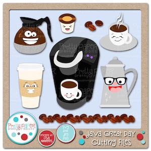Op de afbeelding: Een digitale illustratie met koffiethema's. Bevat een koffiezetapparaat, een koffiekopje, koffiebonen en een koffiebeker om mee te nemen, allemaal met lachende gezichten. De tekst "Java Great Day Cutting Files" is ook aanwezig.