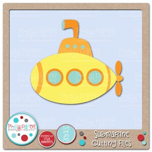 May include: A yellow submarine with three round windows and an orange periscope. The submarine is on a light blue background. The text "Submarine Cutting Files" is below the submarine.