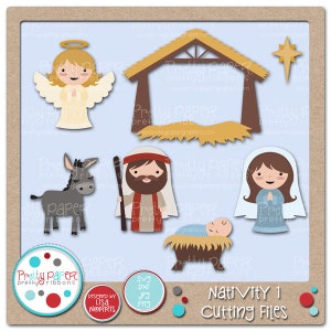 May include: A set of digital cut files for a nativity scene. The set includes a manger, a donkey, a star, an angel, Joseph, Mary, and baby Jesus. The files are in SVG, DXF, JPG, and PNG formats. Nativity 1 Cutting Files.