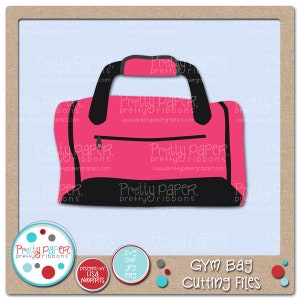 May include: Pink gym bag with black trim and a zipper. The bag is a digital cut file for crafting projects.