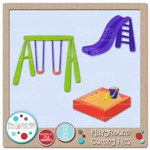 Könnte beinhalten: Ein Satz digitaler Schnittdateien zum Thema Spielplatz. Das Set enthält eine Schaukel, eine Rutsche, einen Sandkasten und einen Eimer und eine Schaufel. Die Dateien sind in den Formaten SVG, DXF, JPG und PNG verfügbar.